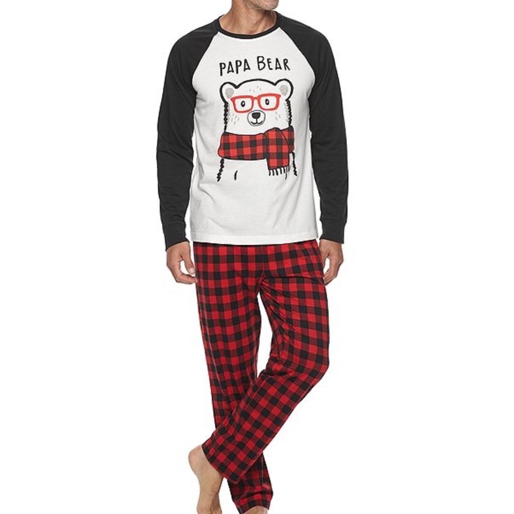 Cuddl Duds Mens Papa Bear Pajama Set Long Sleeve Pants Red Plaid Christmas SZ L